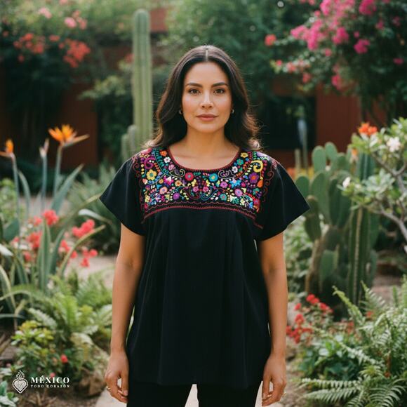 Mexican Embroidered Blouse – Handmade Otomi Floral & Animals Design - Picture 1 of 5